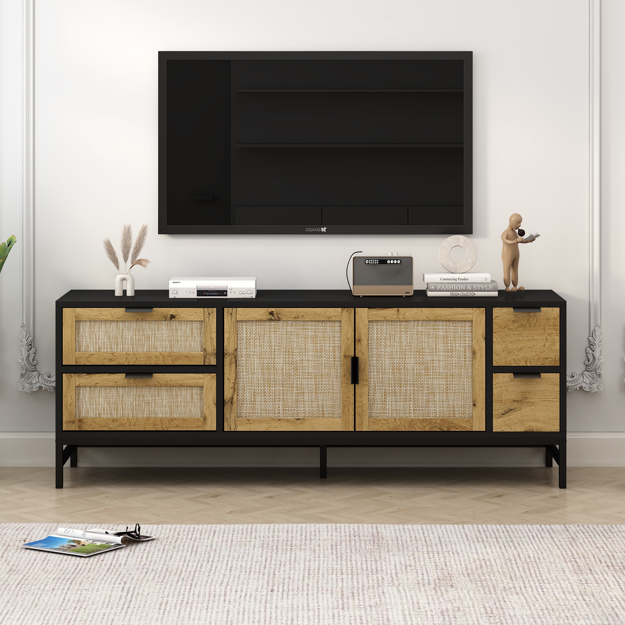 Black Beige Rattan TV Stand Media Cabinets for TVs up to 65
